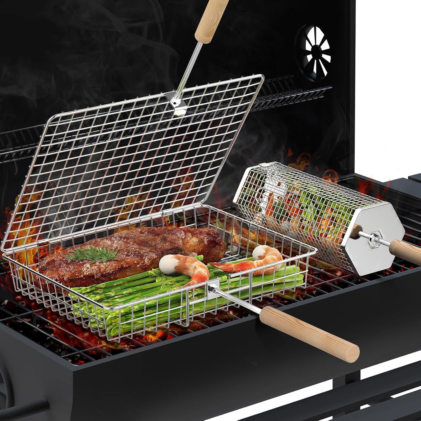 Grill Basket Set with Removable Wooden Handles, 304 Stainless Steel BBQ Grilling Baskets for Vegetables, Fish, Shrimp & Steak, Outdoor Cooking and Camping Accessories