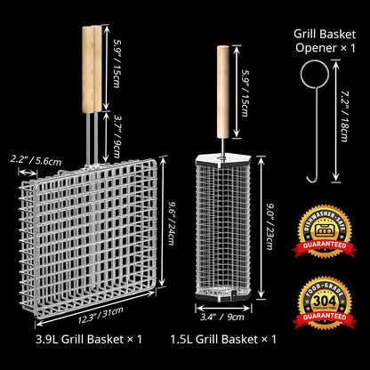 Grill Basket Set with Removable Wooden Handles, 304 Stainless Steel BBQ Grilling Baskets for Vegetables, Fish, Shrimp & Steak, Outdoor Cooking and Camping Accessories