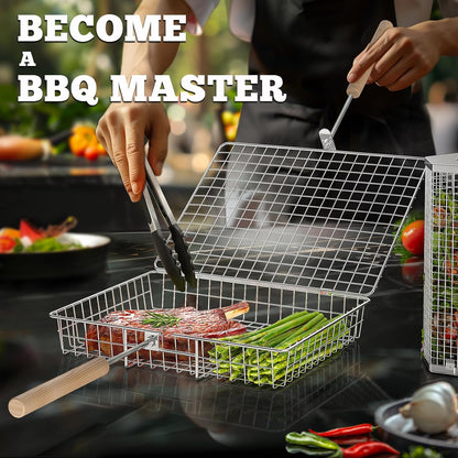 Grill Basket Set with Removable Wooden Handles, 304 Stainless Steel BBQ Grilling Baskets for Vegetables, Fish, Shrimp & Steak, Outdoor Cooking and Camping Accessories