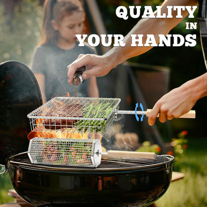 Grill Basket Set with Removable Wooden Handles, 304 Stainless Steel BBQ Grilling Baskets for Vegetables, Fish, Shrimp & Steak, Outdoor Cooking and Camping Accessories